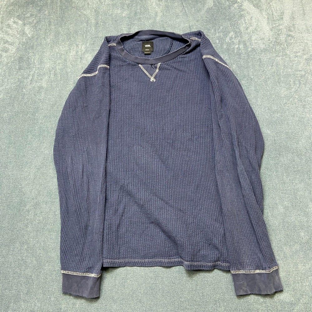 Vans Shirt Mens Medium Navy Blue Waffle-Knit Long Sleeve Round Neck Thermal Tee